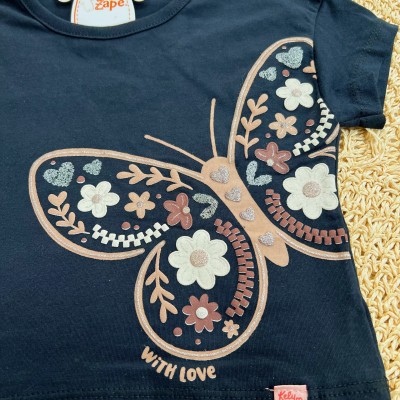 Conj. Blusa Borboleta e Short em Moletinho - Preto e Marrom